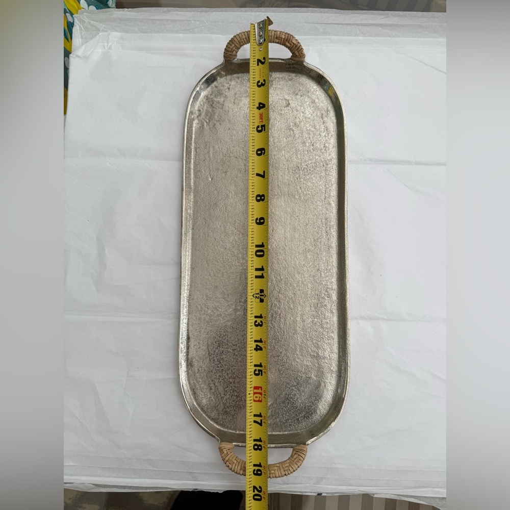 Zodax Raw Aluminum Silver Tray with Cane Wrapped Handles - Picture 8 of 10